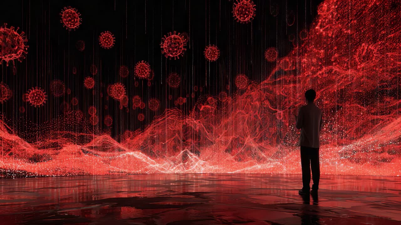 An immersive visual experience depicting a person standing mesmerized by a surreal digital landscape filled with flowing red waves and abstract representations of microscopic organisms in a darkened environment