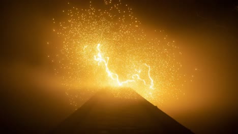 a mesmerizing display of bright sparks and lightning erupting from a volcano's peak in a dramatic orange-hued atmosphere at night