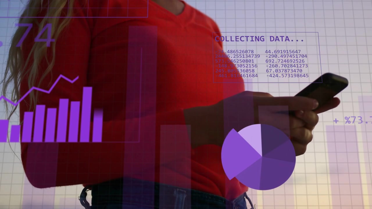 Woman tapping smartphone and causing purple tech charts over torso collecting and analysing data