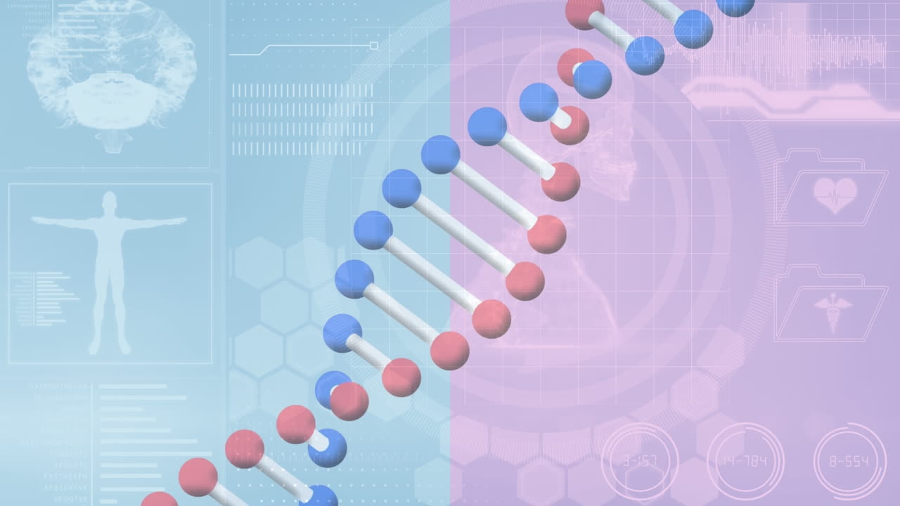 데이터 처리 위에서 회전하는 dna 가닥의 애니메이션