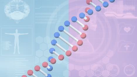 데이터 처리 위에서 회전하는 dna 가닥의 애니메이션