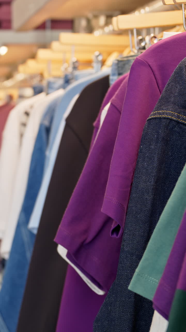 Close up of multiple clothes hanging on a rack in a store. Vertical
