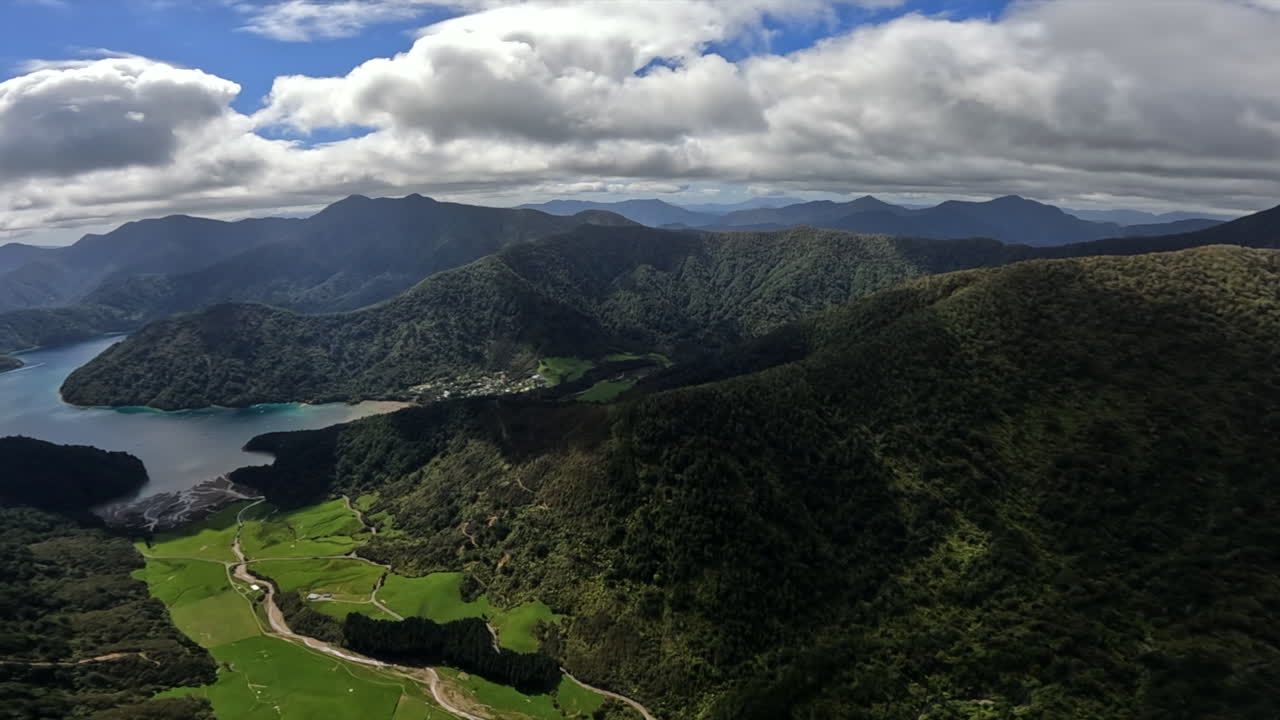 Aerial shot flying over the Marlborough sounds, near Duncan Bay. New Zealand