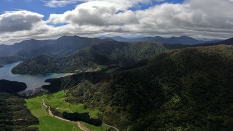 aerial shot flying over the marlborough sounds, near duncan bay. new zealand