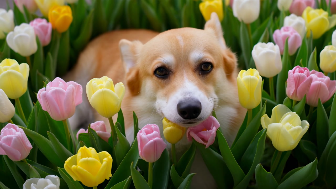 Corgi Nestled Among Pink Yellow Tulips Closeup Portrait Showing Corgi Snout And Soulful Eyes Peeking