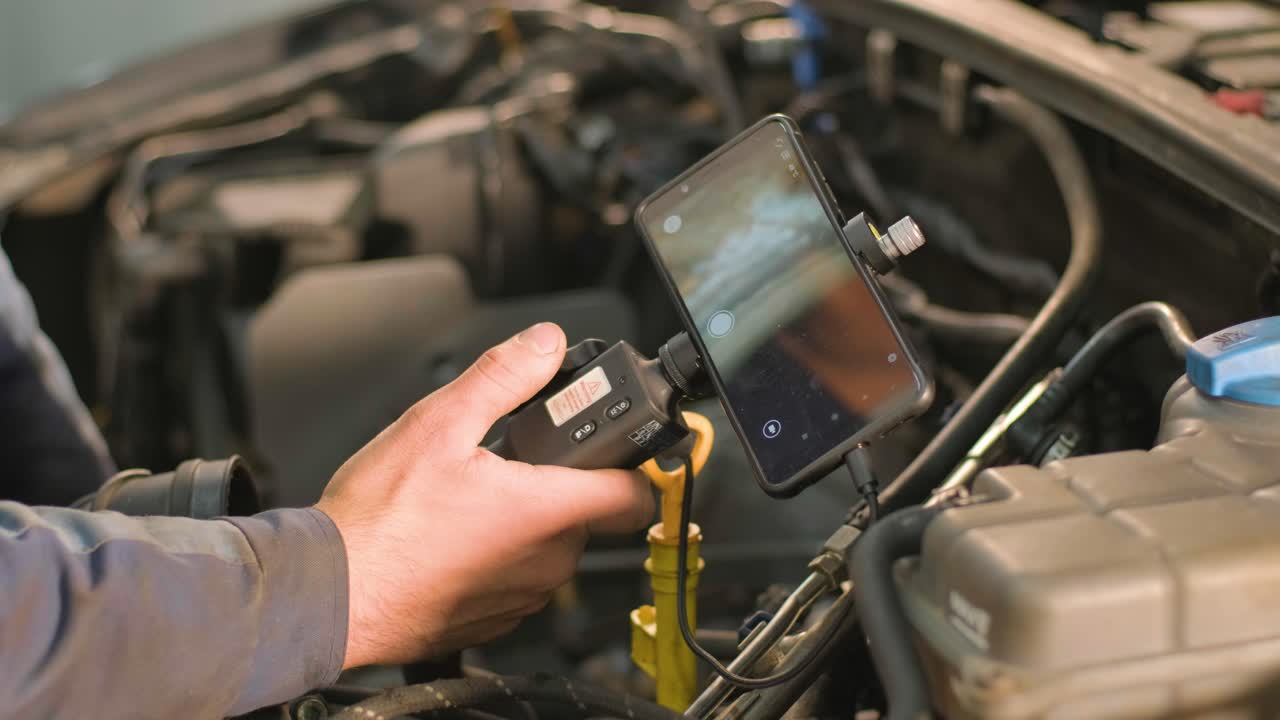 자동차 기계공의 손은 회전 카메라와 휴대 전화로 기술 엔도스코프로 차량 엔진을 확인하고 엔진 헤드와 브를 수리합니다.