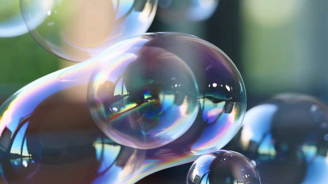 Close-up abstract scene of clear floating spheres overlapping in soft green and blue light, with glossy reflections, a blurred background, and one large orb