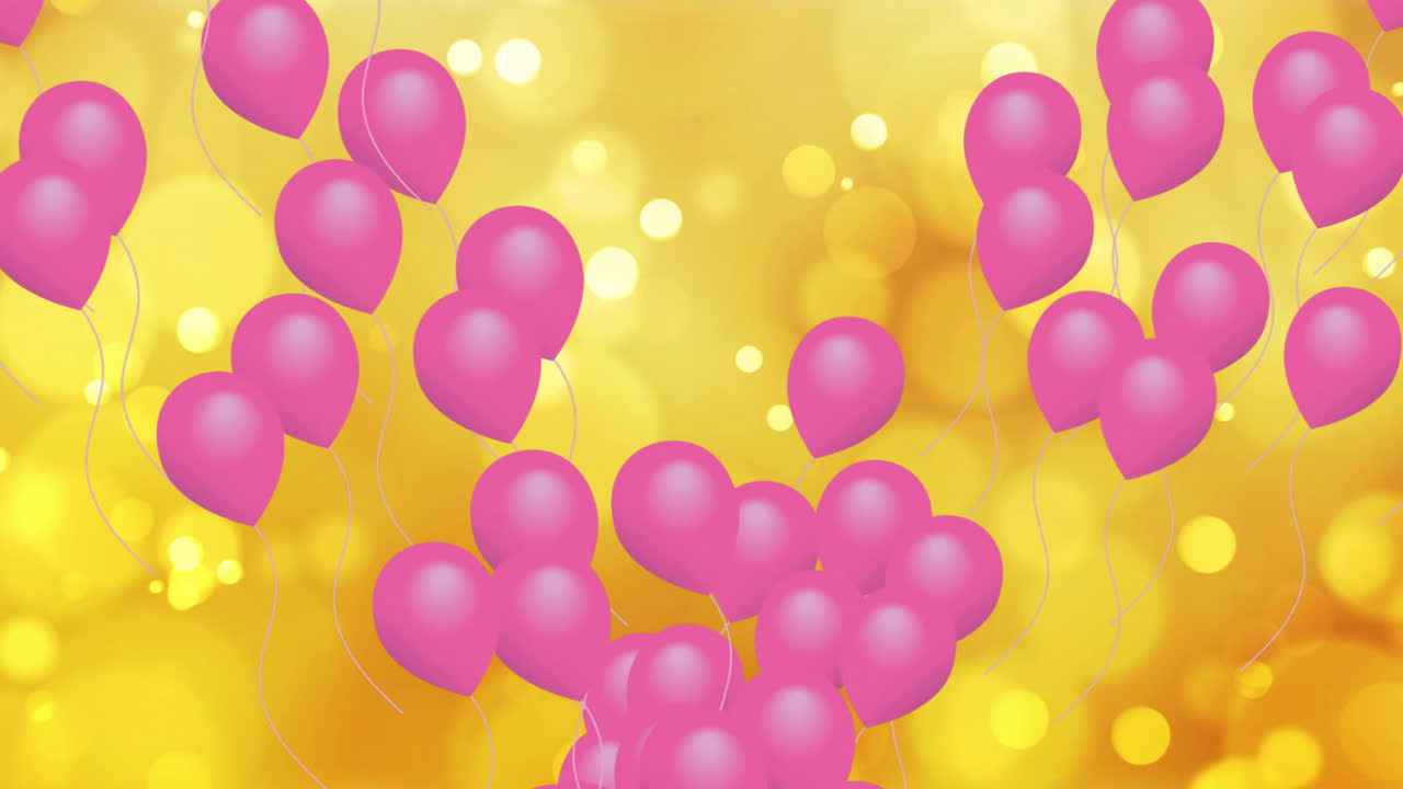animación de globos rosados que suben sobre orbes de luz amarilla sobre un fondo amarillo