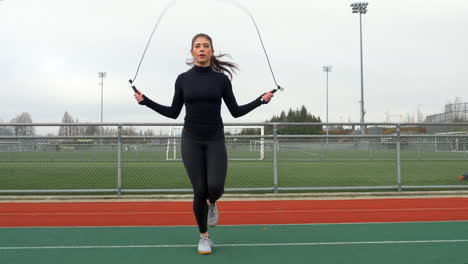 Chica-Muy-Deportiva-Saltando-La-Cuerda-En-Una-Pista-Nublada-Al-Aire-Libre,-Cámara-Lenta