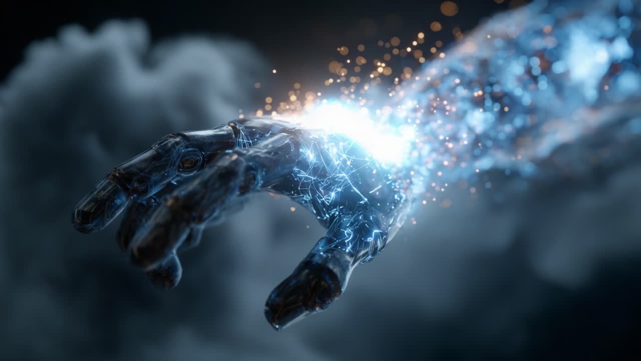 Exploring the Fusion of Technology and Imagination: A Dynamic Visualization of a Futuristic Robotic Hand Manifesting Energy and Connection in an Ethereal Environment of Lights and Sparks