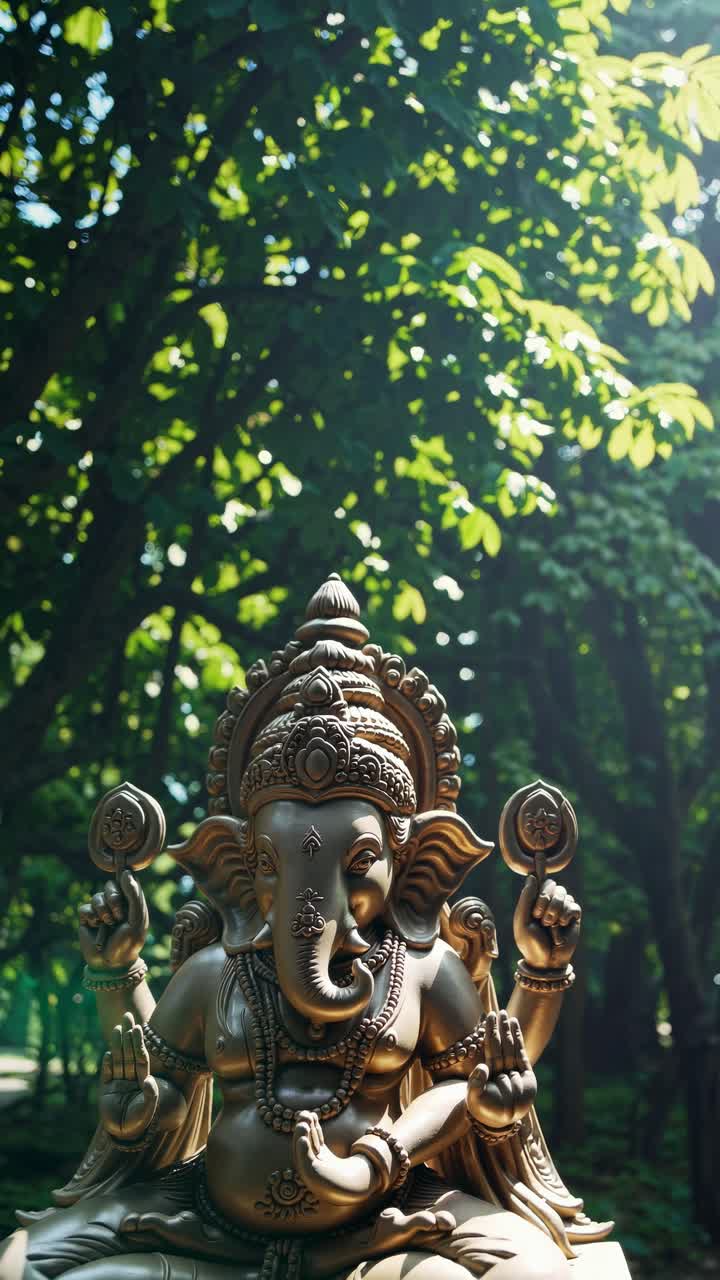 Low-angle video shot of a golden Ganesha statue in a serene forest setting, with sunlight filtering