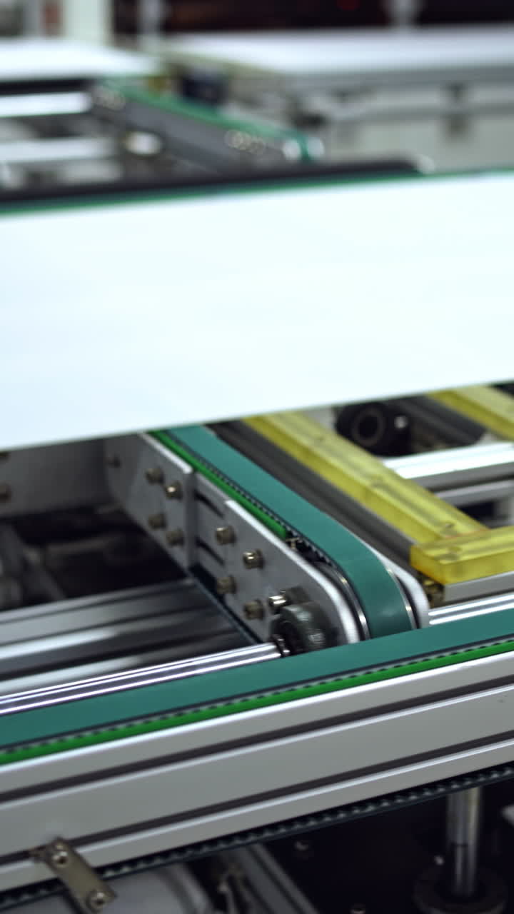 Close-up work of automated equipment for producing solar panels. Modernized factory with innovative technologies indoors. Vertical video