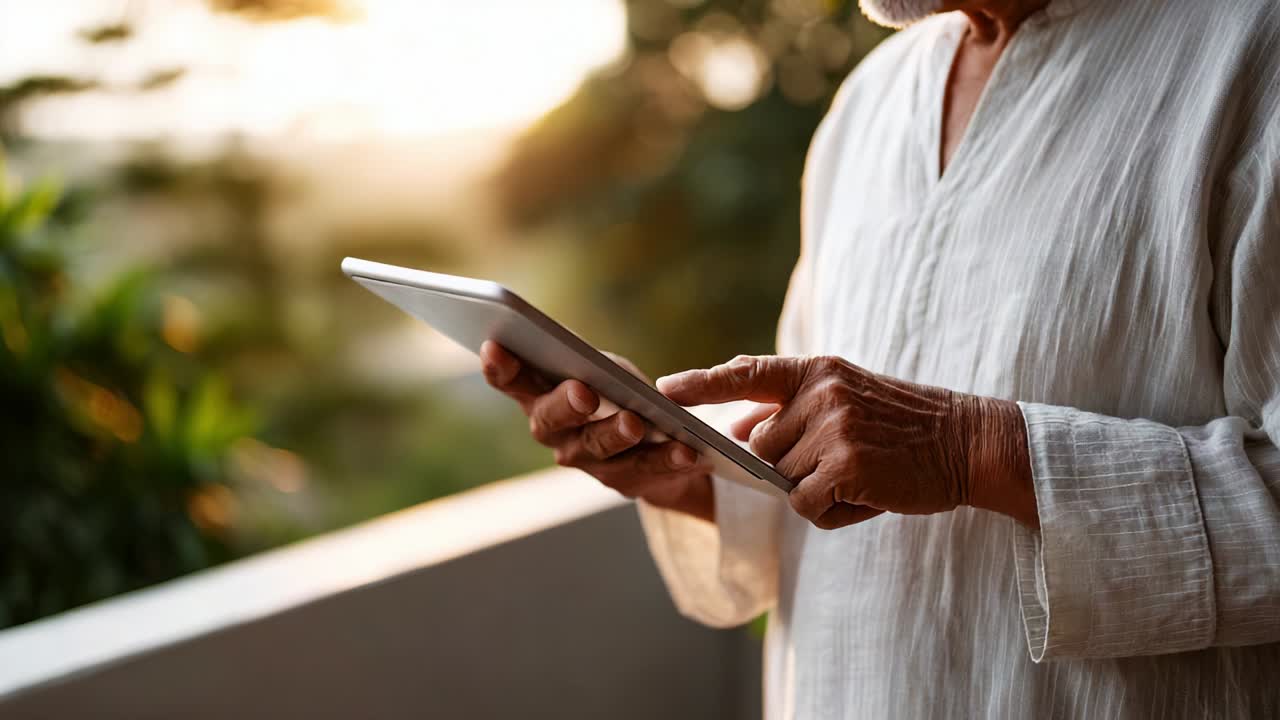 An elderly individual engaging with a tablet device during a picturesque sunset, showcasing the beauty of technology meeting nature in a tranquil and serene outdoor setting