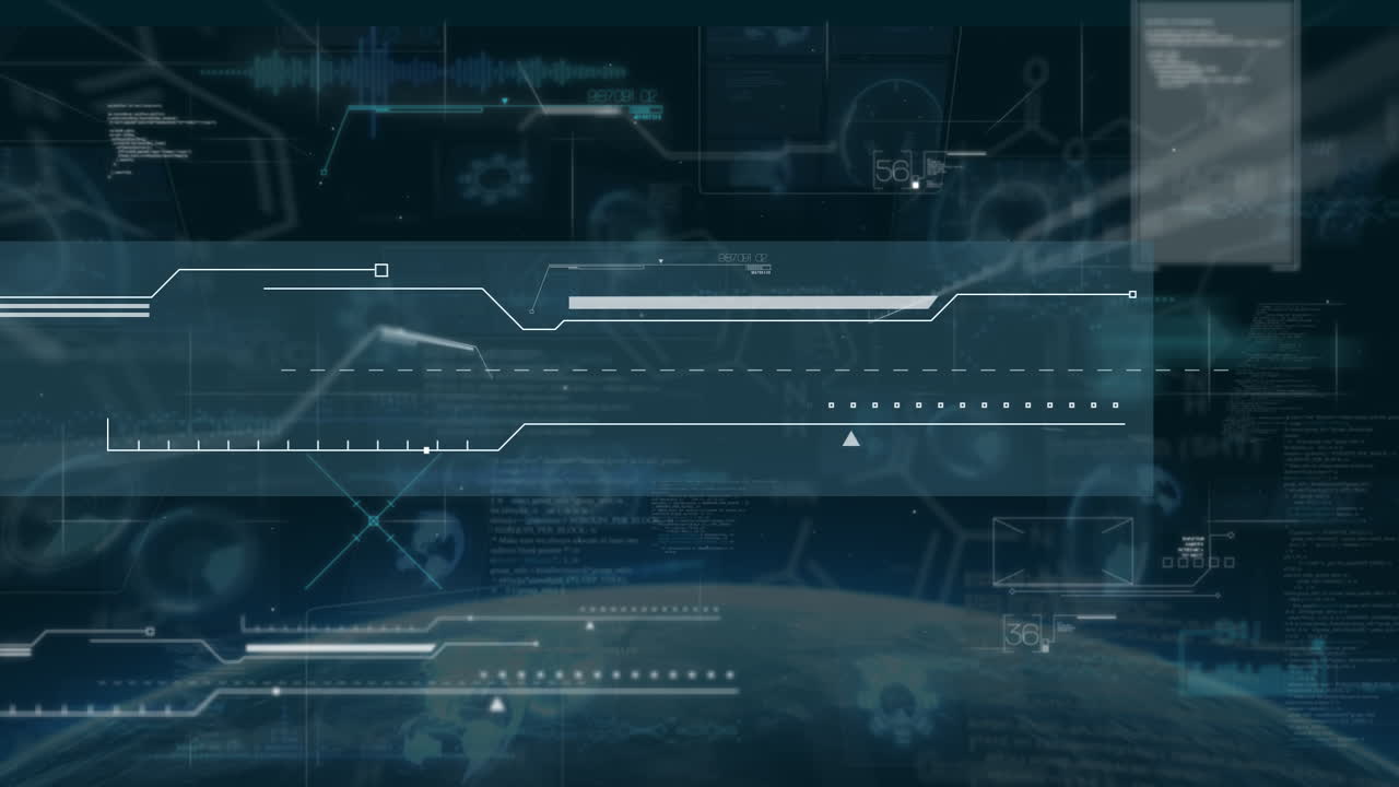 Animation of data processing and scopes scanning on blue background