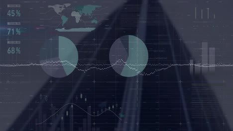 animation of graphs over infographic interface against low angle view of building in background