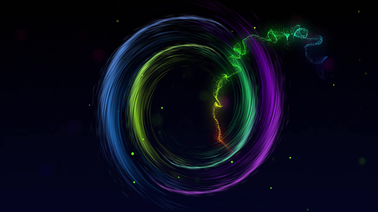 Animation of colourful light trails and spots on black background