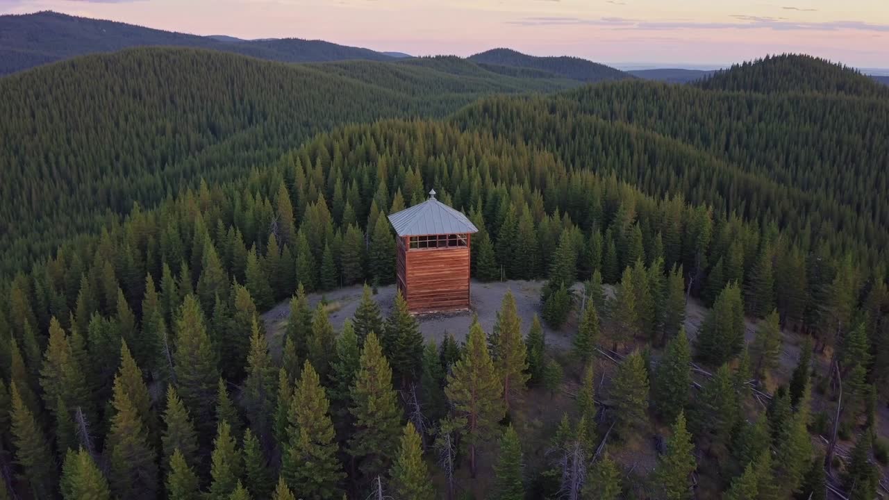 Aerial view of a wooden lookout tower surrounded by dense evergreen forest, showcasing the serene landscape and natural beauty in a tranquil setting at dusk
