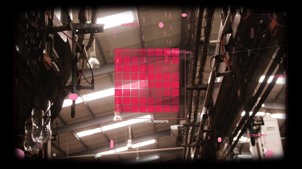 Scanning overhead conduits and hanging hoses at factory, displaying red attention grid and pink HUD