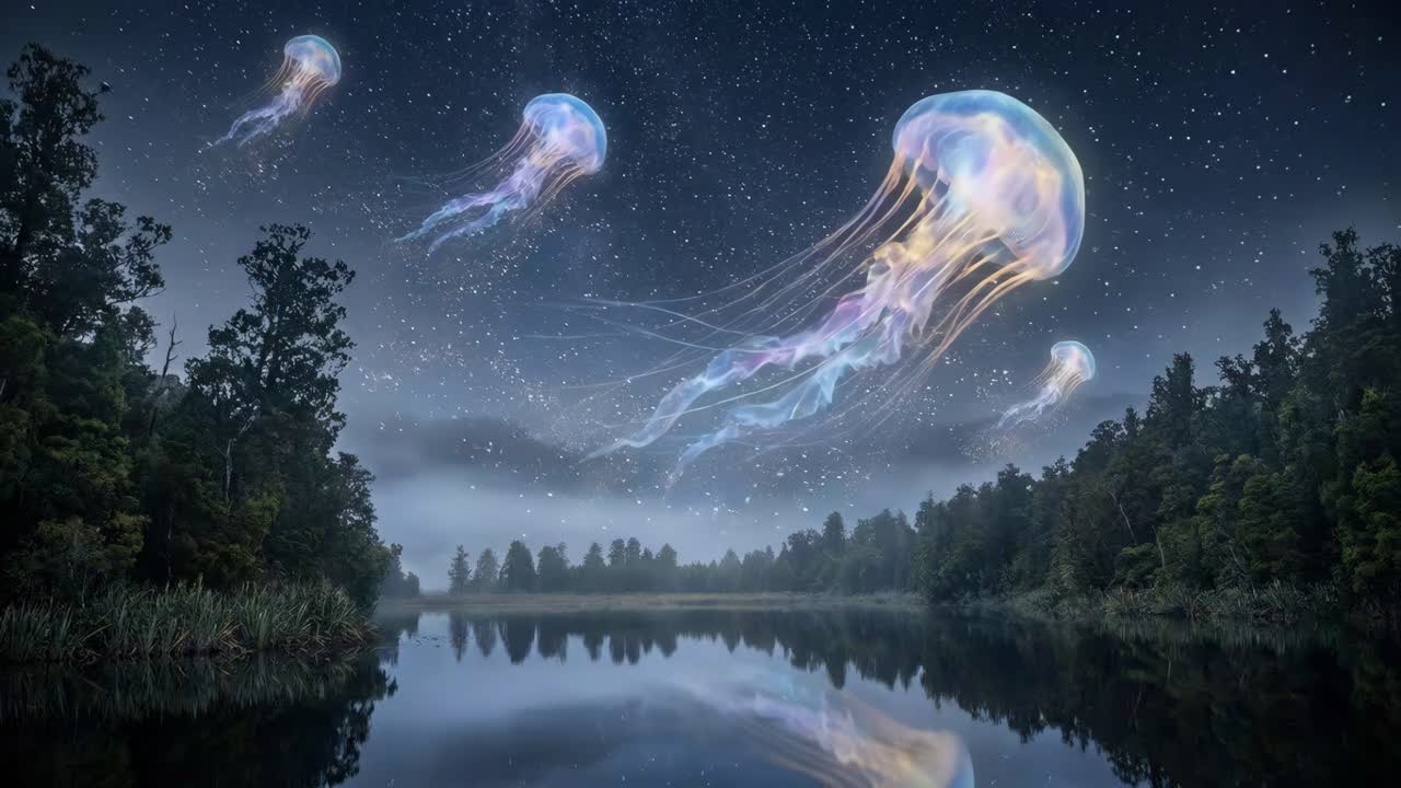 Gölün üzerindeki gece gökyüzünde denizanası