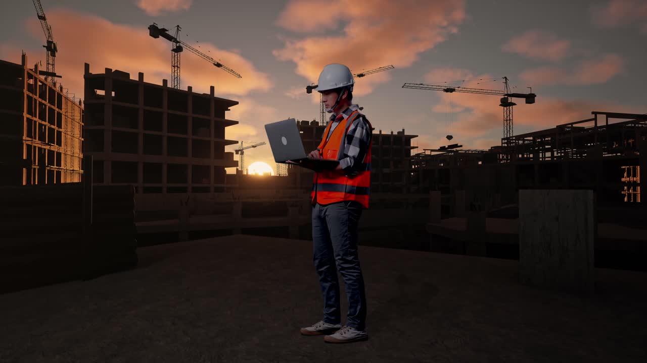 Full Body Side View Of Asian Male Engineer With Safety Helmet Working On A Laptop While Standing At Building & Construction Site in Progress to New House