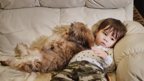 un lindo chico asiático se acuesta en el sofá y abraza a su cachorro