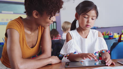 elementary school teacher and female pupil drawing using digital tablet in classroom