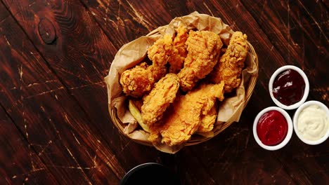 Sauces-and-chicken-wings-on-table