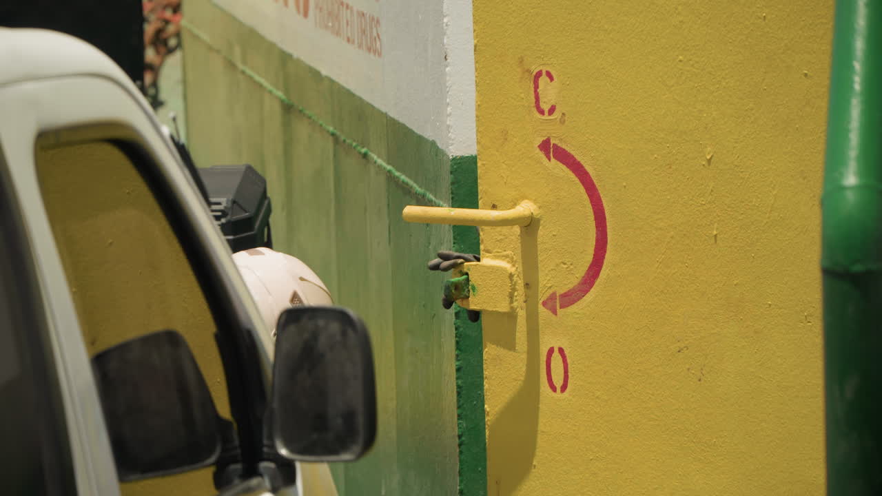 Muro giallo accanto a un furgone parcheggiato, tubo verde con valvola gialla, texture in stucco e graffiti sbiaditi, inquadratura ravvicinata dello specchietto laterale e del pannello del veicolo, atmosfera cinematografica grintosa diurna perfetta per i trasporti