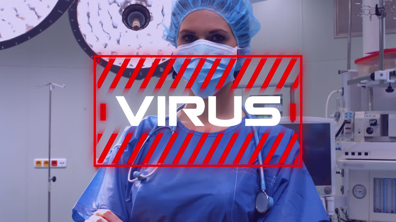 Animation of word Virus with healthcare worker in background during coronavirus pandemic