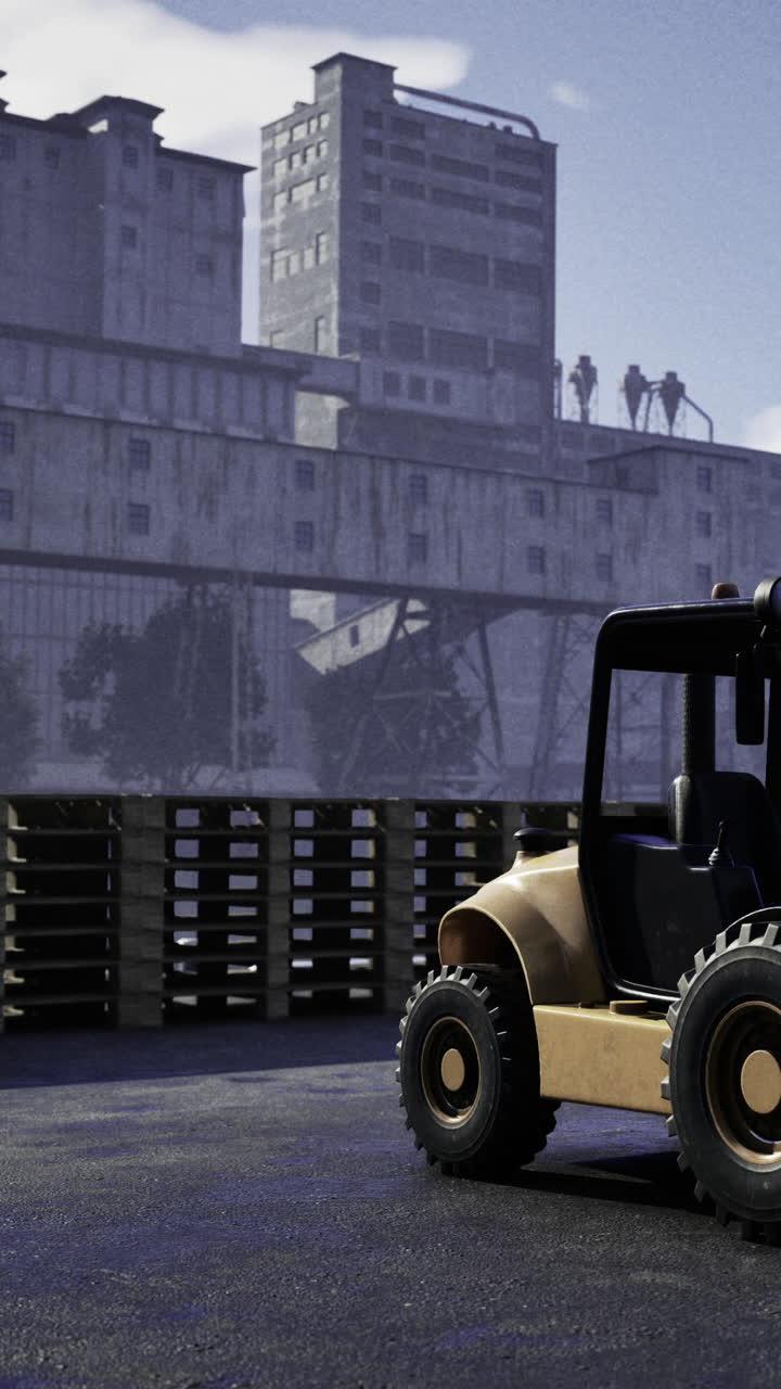 Construction site with workers on building and forklift in operation