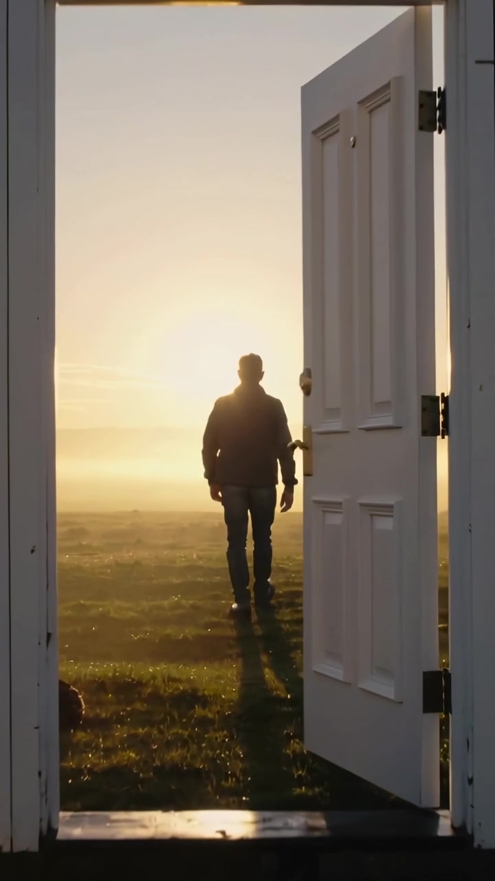 Vertikales Video: Weiße Tür aufstoßend, Mann als Silhouette geht auf sonnigen Horizont zu, trägt Jacke und Hose.