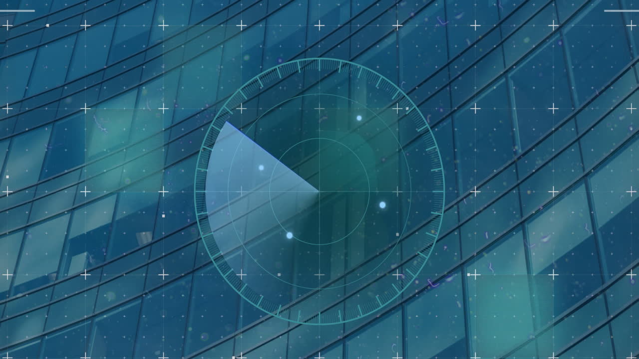 현대 건물 배경 위에 오류가 있는 스 ⁇  스캐닝과 조명의 애니메이션