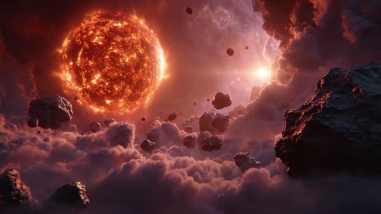 A Stunning Celestial Scene Showcasing a Fiery Sun Illuminating a Cosmic Landscape Filled with Asteroids and Beautifully Textured Clouds