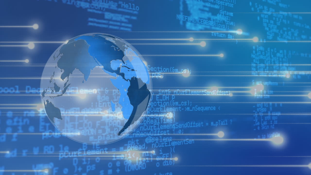 파란색 배경에 그리드 위에서 회전하는 지구의 애니메이션