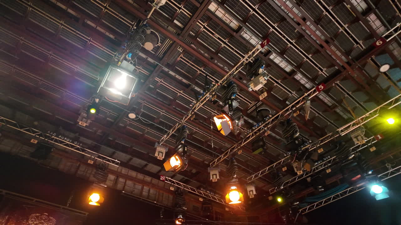 Flashing studio lights equipment on the ceiling of a TV set