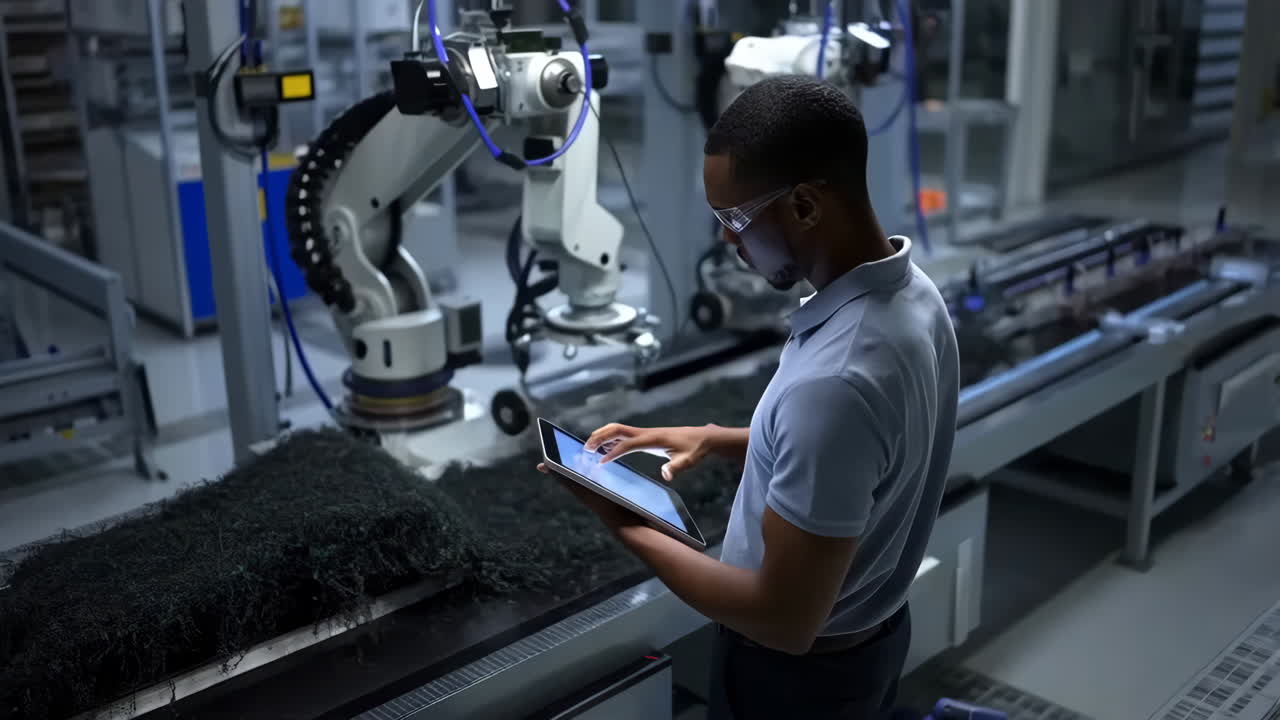 Industrial Worker Supervising Robotics with a Tablet in a Factory