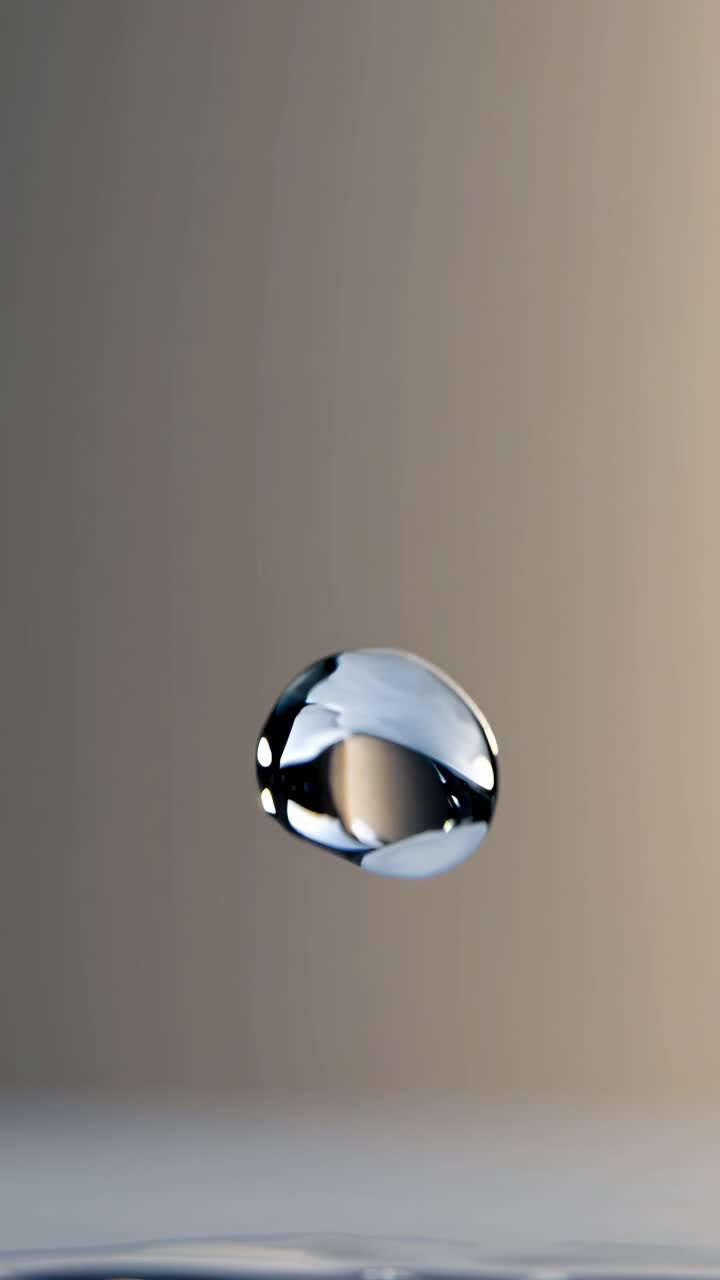 Close-up video still of a water droplet suspended mid-air, captured with a macro lens