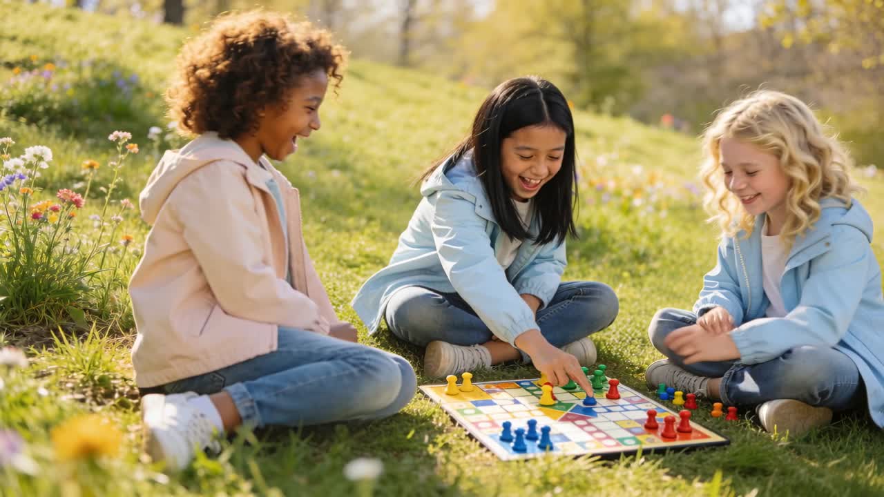 3 gadis duduk di lereng berumput, yang di kiri meletakkan pion memimpin, yang di tengah mendorong pion hijau untuk kemenangan edukasi.