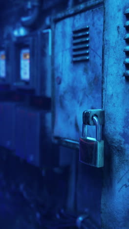 a close up of a padlock on a blue metal door