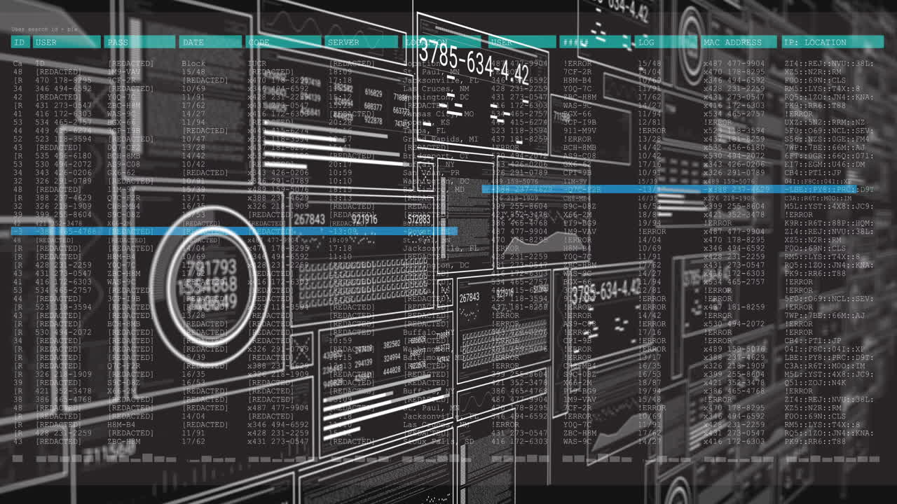 Animation of digital data processing with numbers and graphs on interface