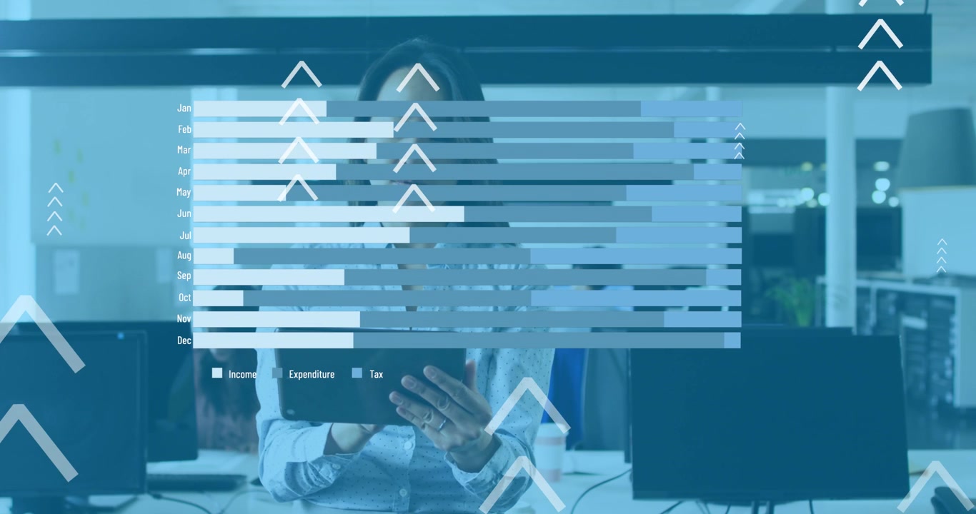 Animation of arrows and graphs over asian woman using tablet in office