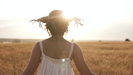 Happy,-Slender-Girl-In-Straw-Hat-And-Summer-White-Dress-Happily-Running-In-Clear-Wheat-Field
