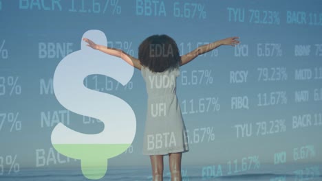 animation of dollar symbol and financial data processing over african american woman on beach