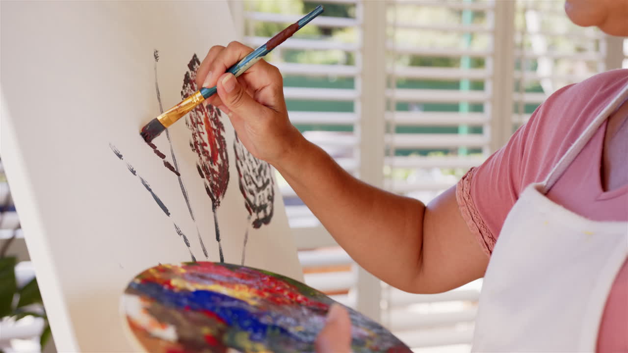 Painting on canvas, person holding paintbrush and palette, creating artwork