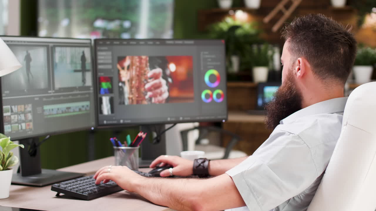 Man editing video on two monitors