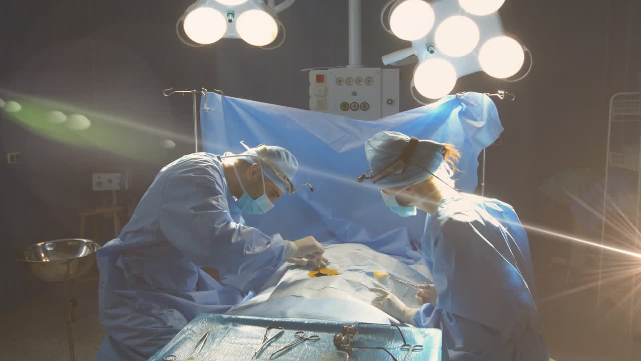 Surgeons confirming panel marking incision cutting numbing suturing completing surgery amid glare