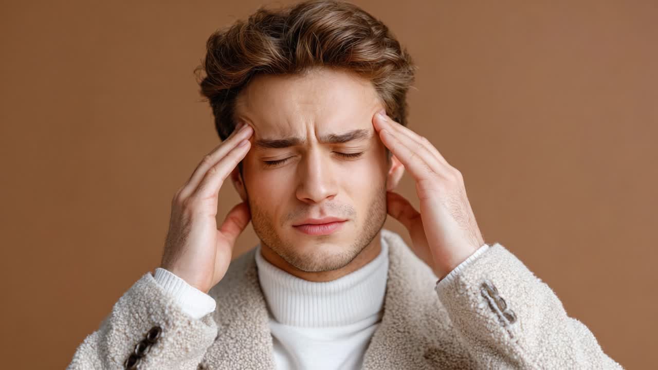 A young man experiences discomfort and stress, with his hands on his temples as he contemplates a challenging situation, illustrating the impact of mental strain and anxiety