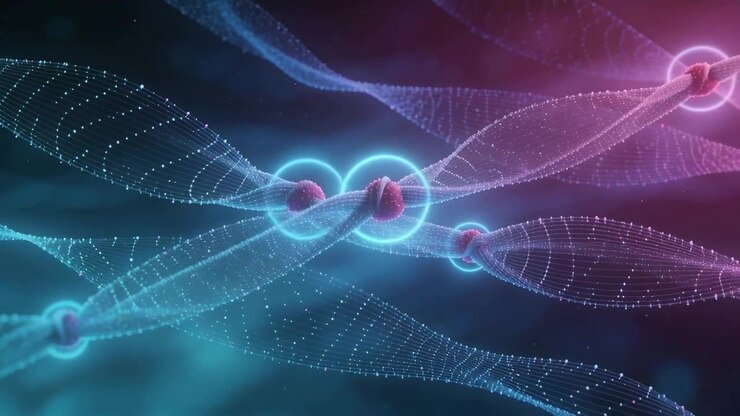Glowing nodes and cyan halos drifting across dark blue field while filaments weaving, AI-generated