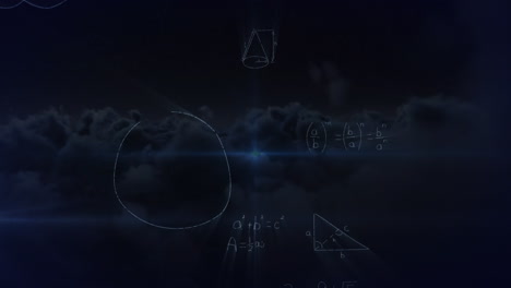 animation of mathematical equations and blue light spot against dark clouds