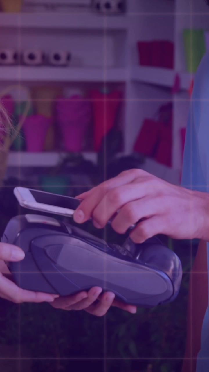 Animation of financial data processing over caucasian people using payment terminal